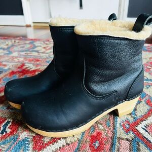 No. 6 Black Leather Shearling Clogs